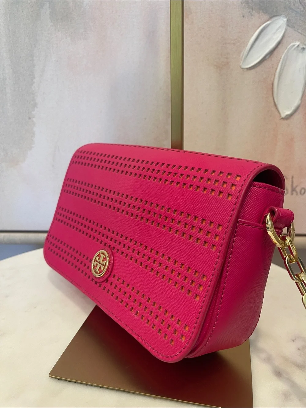 Tory Burch Hot Pink Perforated Leather Crossbody with Gold Hardware
